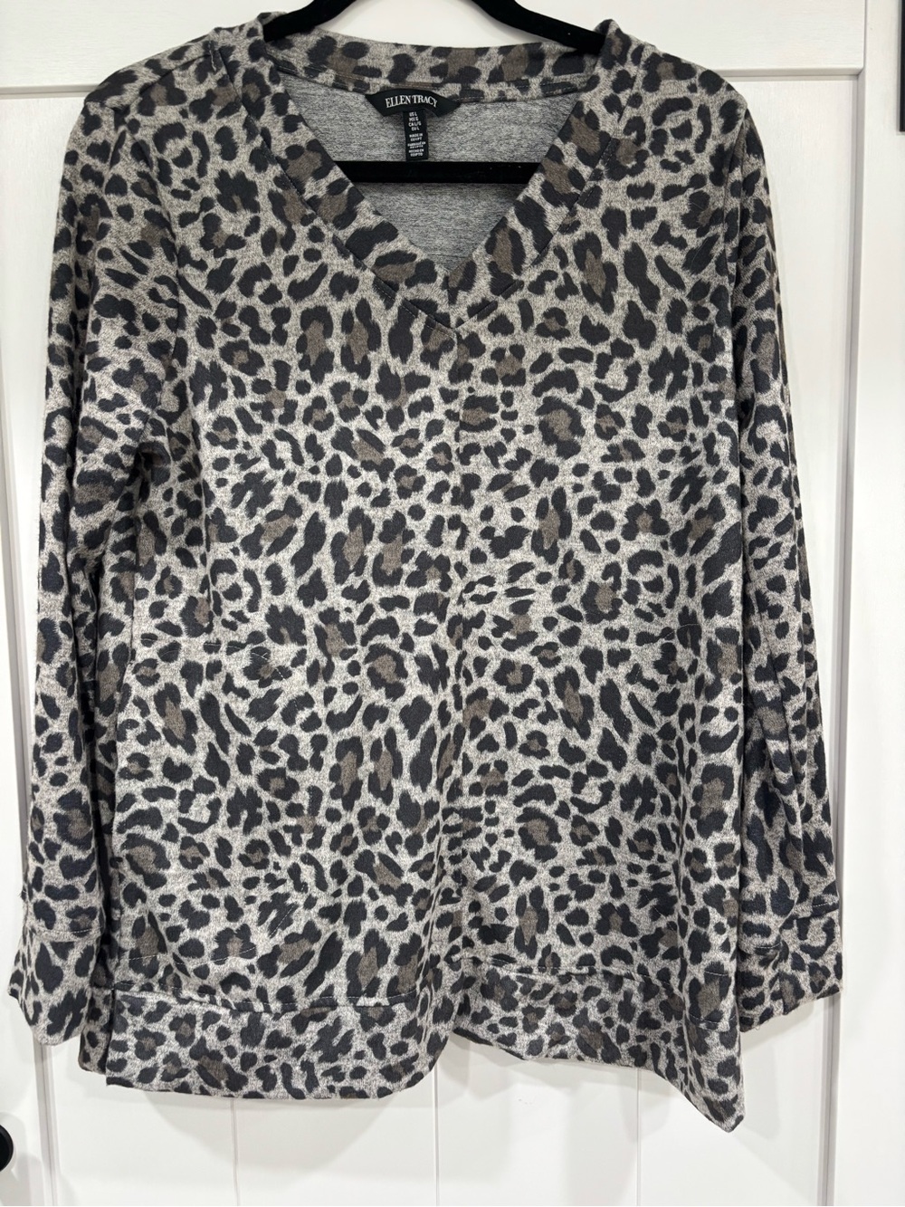 Ellen Tracy Gray Leopard-Print Long Sleeve Top